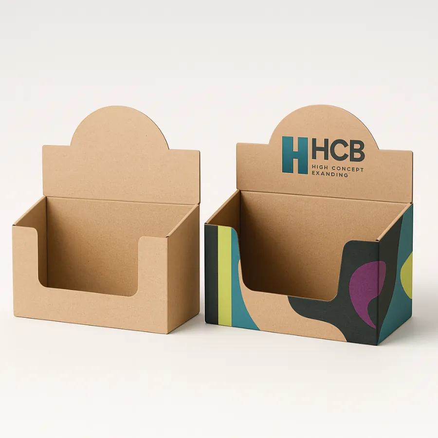 Two wide Kraft display boxes- one plain- one custom-printed with a corporate -HCB- logo- class=